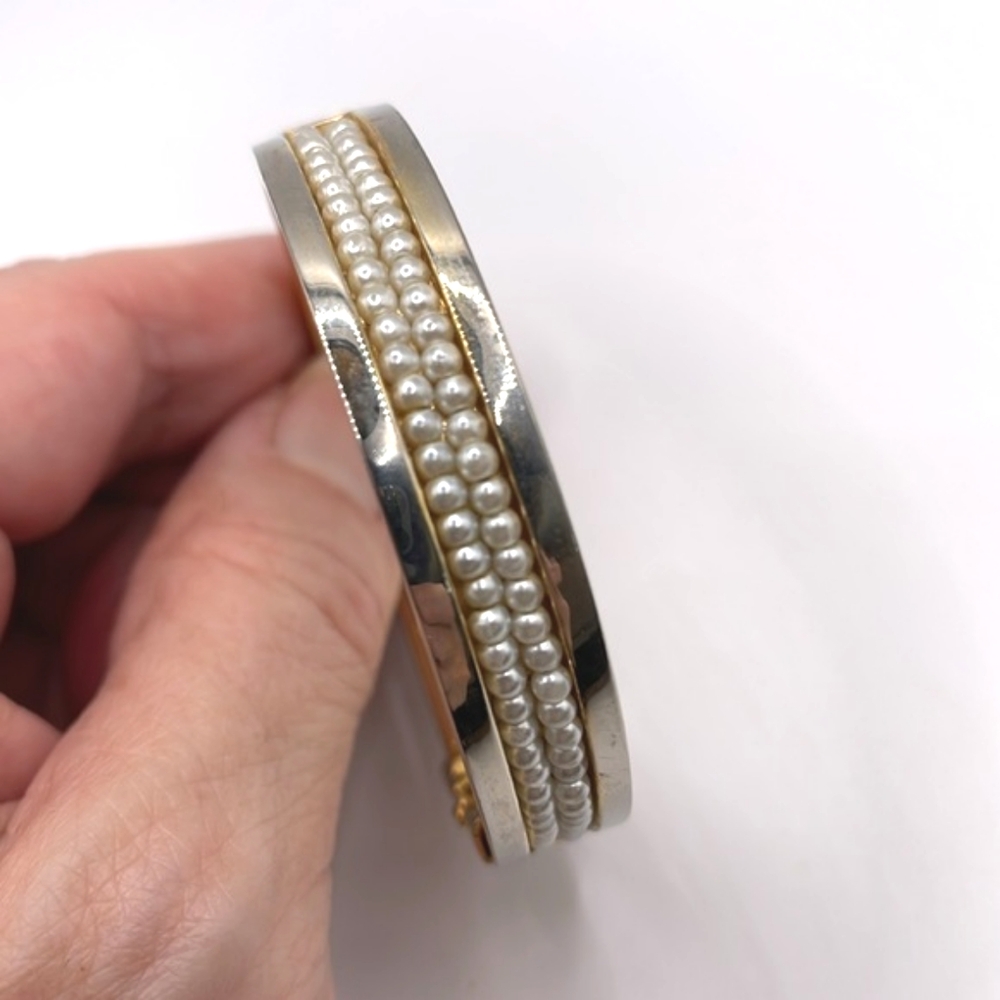 Gold Tone Faux Pearl Channel Hinged Clamper Bracelet SMALL - Picture 4 of 10
